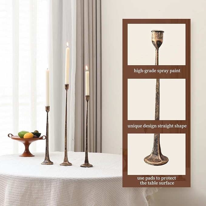 Set of 3 Candle Stick Holders, Iron Antique Gold Candlestick Holders, Fits 3/4 inch Thick Candles, Tapered Candle Holders Tall Set for Dining Table, Wedding, Home Decoration