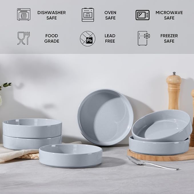 E-far Pasta Bowls Set of 6, 35 oz Large Stoneware Bowl Plates | Shallow & Wide - Image 7