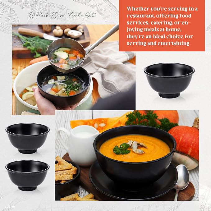 Tioncy 20 Pack Melamine Bowl Set 25 oz Black Soup Bowls Set Basic All Purpose - Image 4
