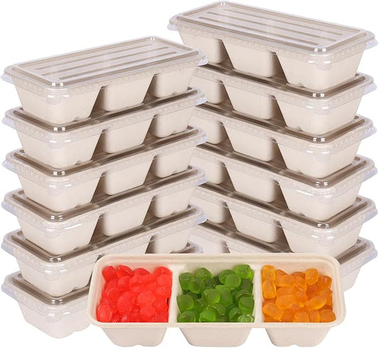 disposable paper bowls 18 oz 3 compartments with lids, Sugarcane Fiber For Snack, Dessert, Meal Prep 50 Pack