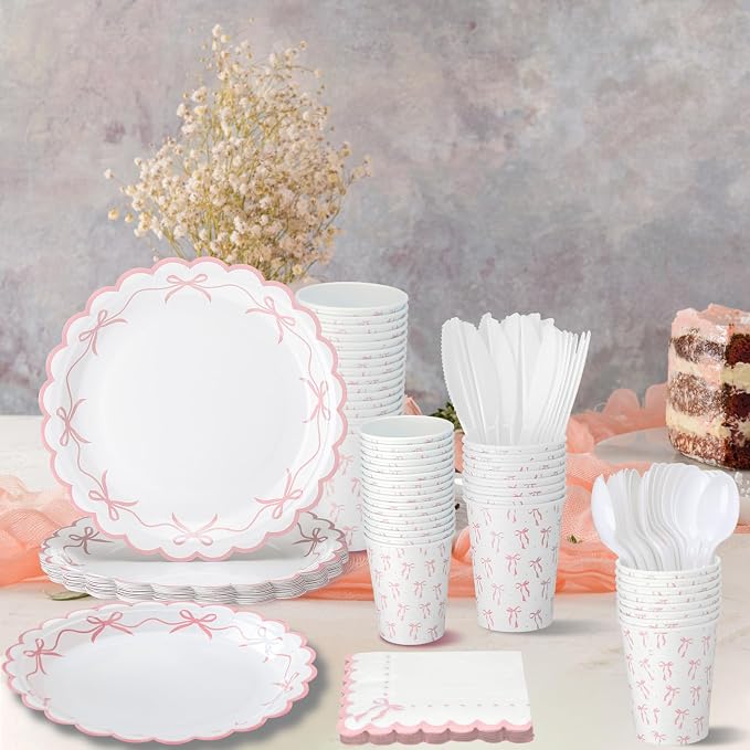 Sieral 144 Pcs Coquette Birthday Party Decor, Scalloped Paper Plates, Napkins - Image 4