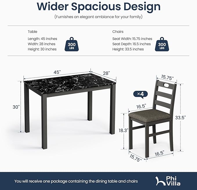 PHI VILLA 5 Piece Dining Table Set for 4, Marble Design Kitchen Table Chairs Set of 4, Solid Wood Space-Saving Dining Room Table Set for Apartment, Veined Black Marble& Gray
