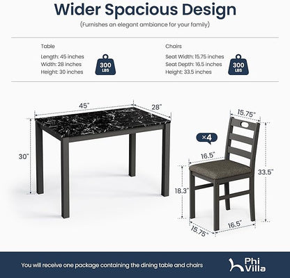 PHI VILLA 5 Piece Dining Table Set for 4, Marble Design Kitchen Table Chairs Set of 4, Solid Wood Space-Saving Dining Room Table Set for Apartment, Veined Black Marble& Gray