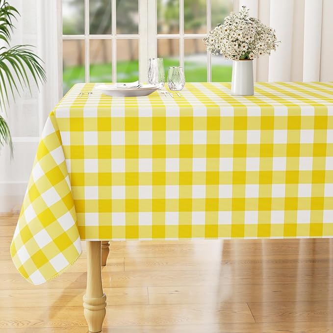 misaya Rectangle Waterproof Vinyl Table Cloth, Buffalo Flannel Backed Tablecloth, Wipeable Plastic Table Cover for Dinner, Kitchen, Outdoor (54" x 78", Yellow and White)