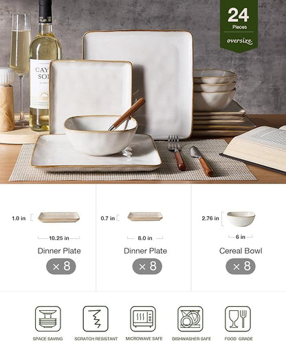Famiware Dinnerware Sets for 8, Ocean Square 24-Piece Kitchen Plates and Bowls Sets, Microwave and Dishwasher Safe, Scratch Resistant, Cappuccino White