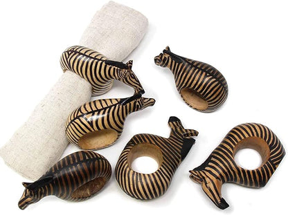 Global Crafts Handcarved Mahogany Wooden Napkin Ring Holders, Zebra, Set of 6 (KWF012_Z)