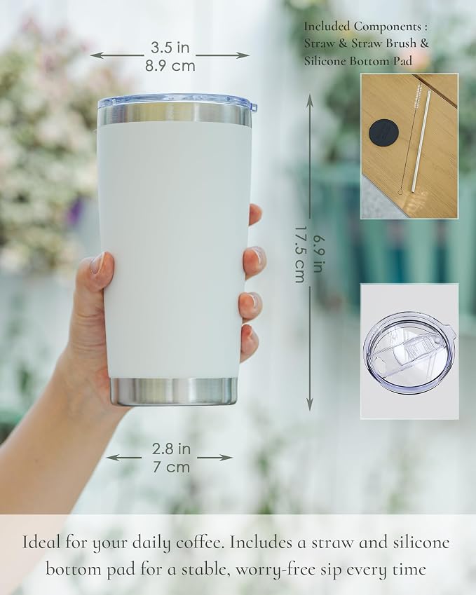 20oz Travel Coffee Tumbler 8 Pack, Lids and Straws, Stainless Steel | Double - Image 2