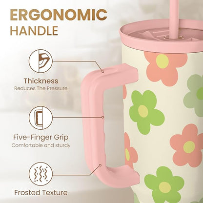 SANDJEST Daisy Tumbler with Handle 40oz, Floral Cup Stainless Steel Insulated - Image 3