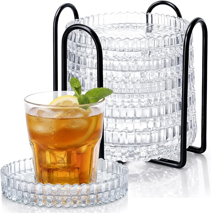 6 Pcs Glass Coasters with Holder Clear Drink Coasters Crystal Round Beverage by Remerry