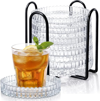 6 Pcs Glass Coasters with Holder Clear Drink Coasters Crystal Round Beverage by Remerry
