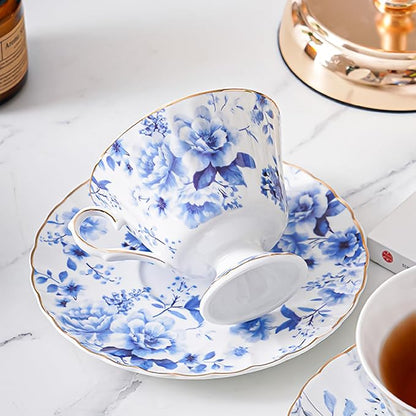 fanquare 5oz Retro Blue and White Roses Tea Cup and Saucer | Vintage Floral - Image 3