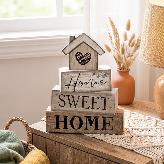 Moucuny 4 Pcs Farmhouse Table Decor Rustic Home Sweet Home Tiered Tray - Image 2