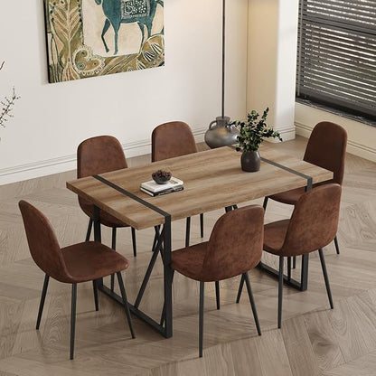 6 Chair Dining Table Set，Dinner Table Set for 6, 55'' Kitchen Table and Suede Nap Fabic Chairs Set of 6, 7 Piece Dining Table Set for Kitchen Dining Room