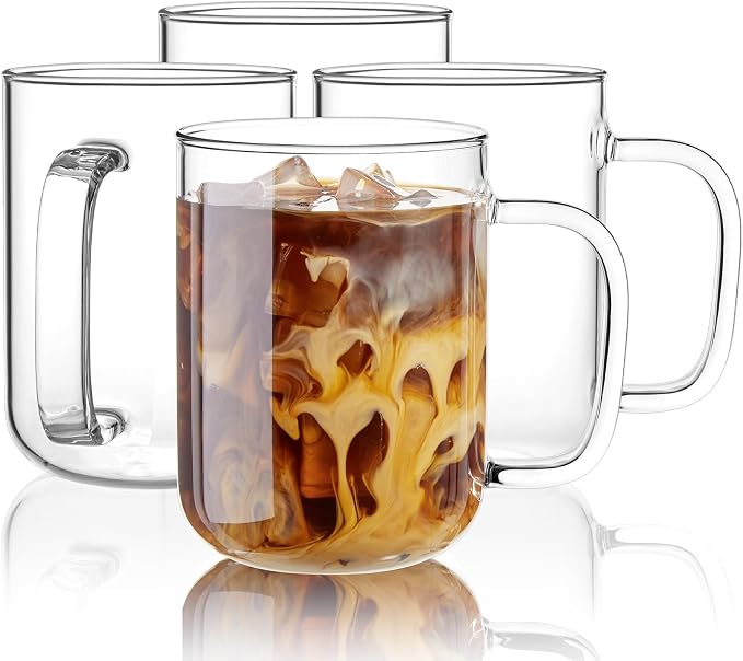 Glass Coffee Mugs, 24 oz Ice coffee cups, Large Clear Tea Cups Set of 4 by BWODYAY