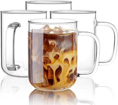 Glass Coffee Mugs, 24 oz Ice coffee cups, Large Clear Tea Cups Set of 4 by BWODYAY