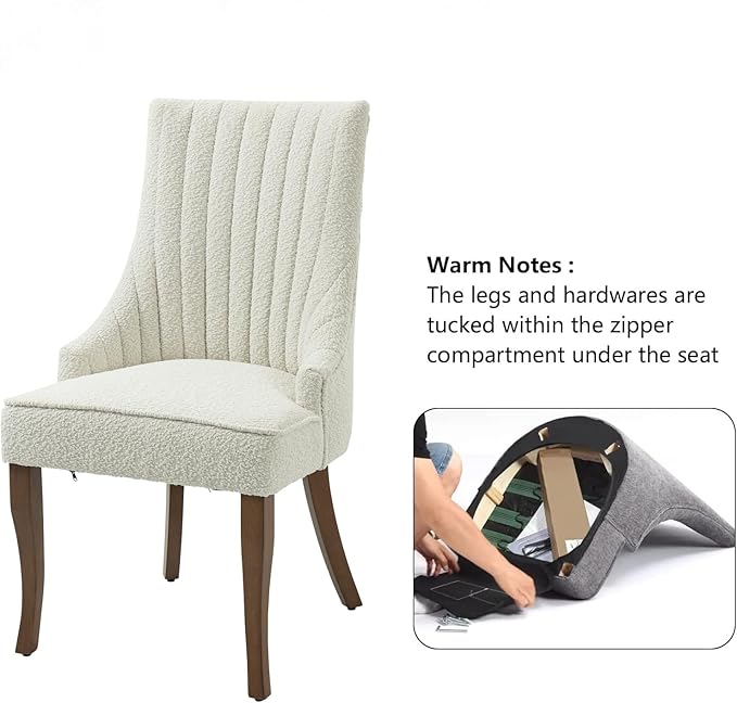 mikibama Boucle Dining Chairs Set of 6 Channel Tufted Kitchen Dinner Chair Comfy Teddy Fabric Upholstered Accent Chair for Dining Room with Solid Wood Legs (Off White 6pc)