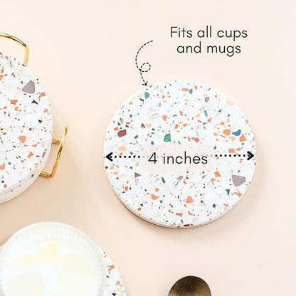 Terrazzo Coasters Set of 6, Ceramic Absorbent Drink Coasters, Cute Moisture Absorbing Coaster, Coffee Table Desk Decor, Colorful Stone Coaster for Drinks (Sage)