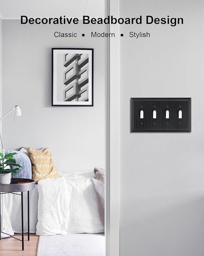 2-Pack Classic Beadboard Quad Toggle Light Switch Cover Plate, Black Decorative Switch Plate Covers, Natural Bamboo Fiber 4 Gang Wall Plate for Toggle Switch and Rotary Dimmer Switch