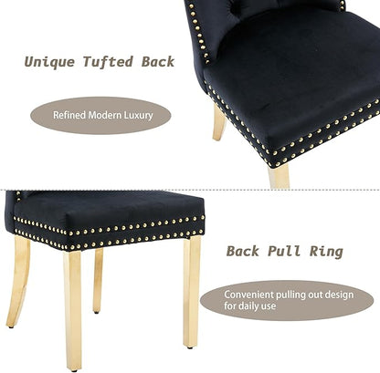 KCC Velvet Dining Chairs Set of 4, Upholstered High-end Tufted Dining Chair with Nailhead Back Ring Pull Trim Stainless Steel Legs, Contemporary Nikki Collection Modern Style for Kitchen, Black