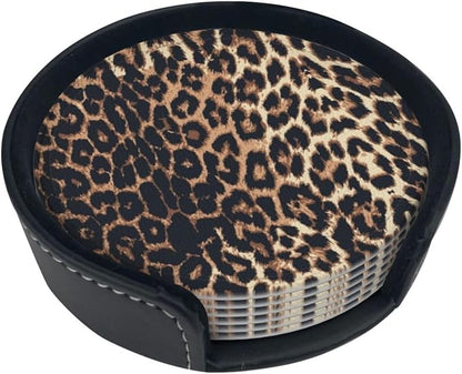 Brown and Black Leopard Texture Spots Premium Leather Coasters - Image 3