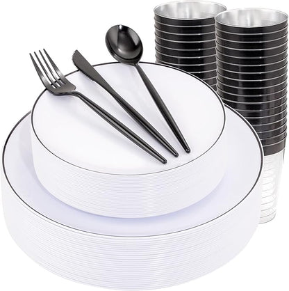EI 180pcs White Plastic Dinnerware Set Include Black Disposable Silverware,Dinner and Dessert Plates,Cups,White Plastic Plates with Black Rim Perfect for Wedding,Birthday,Partys,Business Events,Hotel