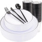 EI 180pcs White Plastic Dinnerware Set Include Black Disposable Silverware,Dinner and Dessert Plates,Cups,White Plastic Plates with Black Rim Perfect for Wedding,Birthday,Partys,Business Events,Hotel