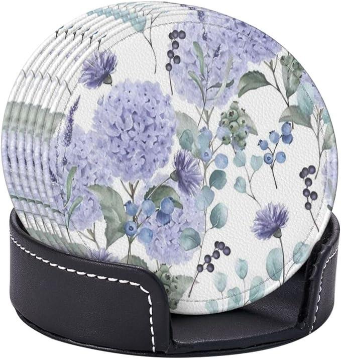 6 Pcs Blue Purple Hydrangea Flower Leather Coasters - Image 6