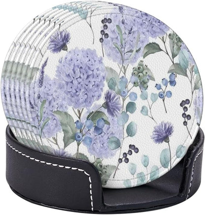 6 Pcs Blue Purple Hydrangea Flower Leather Coasters - Image 6