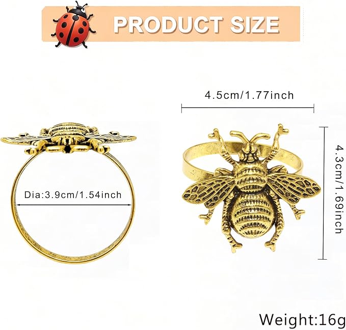 Bee Napkin Rings Set of 12 Antique Gold Bumblebee Napkin Holders - Image 3