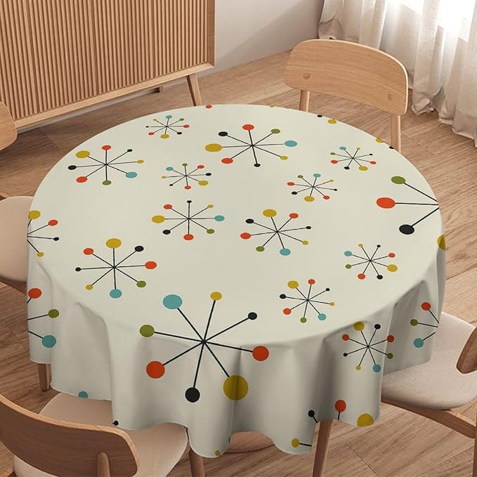 Medieval Round Tablecloth, Boho Mid Century Abstract Modern Retro Colors Pattern Tablecloth for Home Party Dining Room Kitchen Decor 60Inch(152cm)