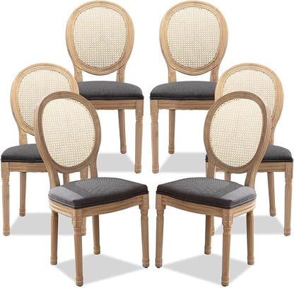 SoarFlash French Dining Chairs Set of 6, Vantage Dining Chair with Round Back, Farmhouse Country Rattan Dining Chair for Kitchen,Bedroom,Deep Grey