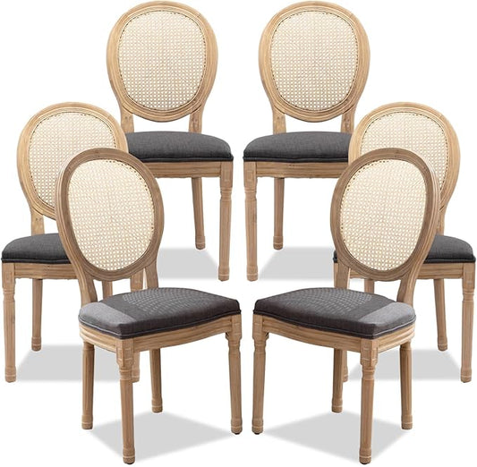 SoarFlash French Dining Chairs Set of 6, Vantage Dining Chair with Round Back, Farmhouse Country Rattan Dining Chair for Kitchen,Bedroom,Deep Grey