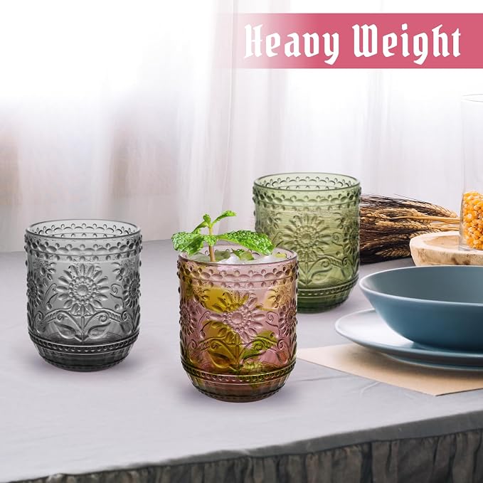 Topsky Vintage Drinking Glass Set of 4, 12 oz Embossed Floral Drinkware Set - Image 7