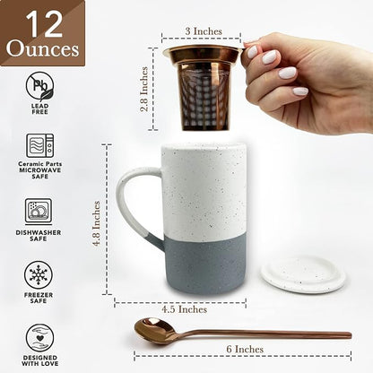 Mora Ceramics Tea Cup with Loose Leaf Infuser, Spoon and Lid, 12 oz, Microwave - Image 2