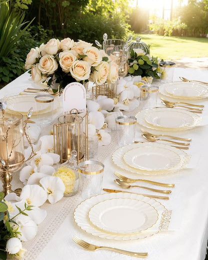 YOUBET 100PCS Ivory and Gold Scalloped Plastic Plates - Image 9