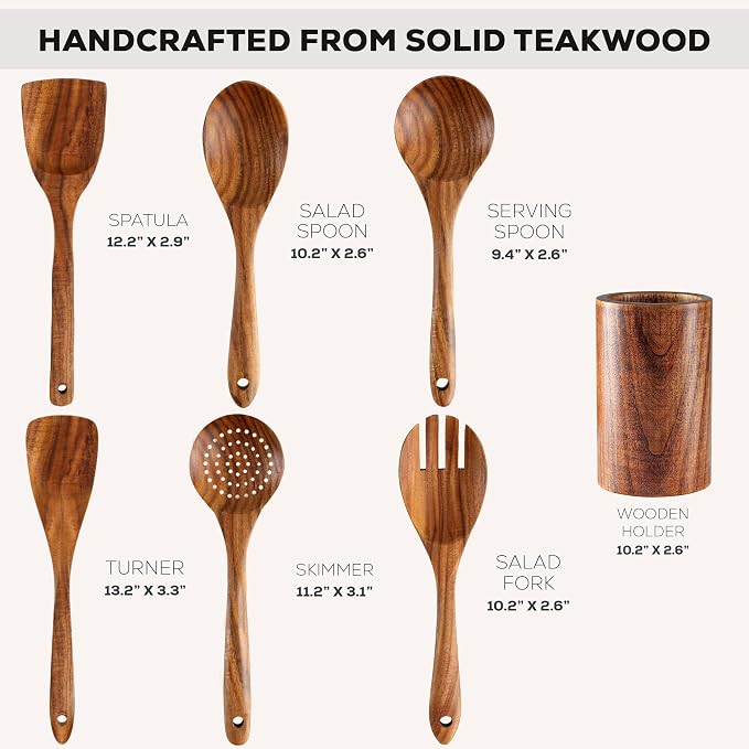 Zulay Kitchen 7-Piece Wooden Cooking Spoons Set – Heat-Resistant, Smooth Teak - Image 3