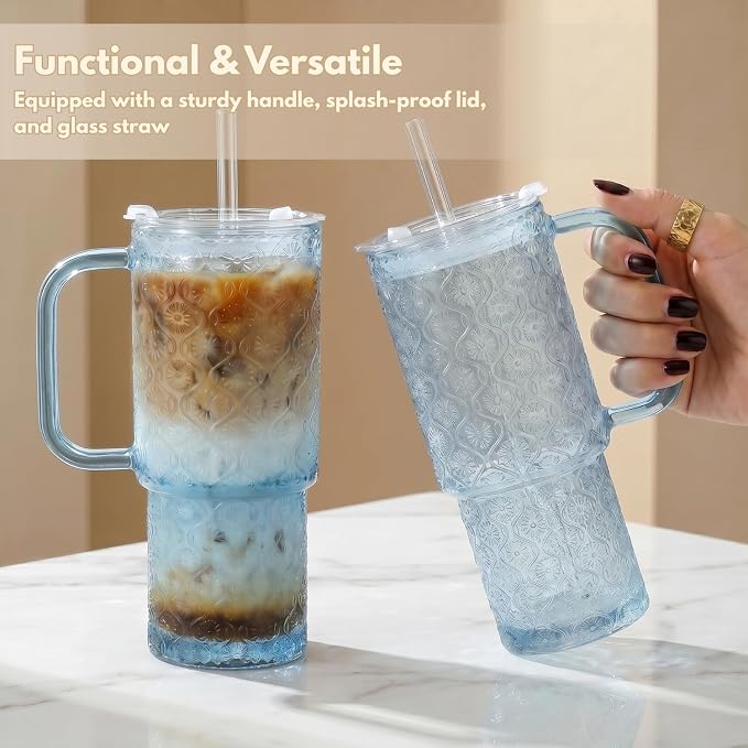 20 oz Blue Glass Tumbler with Lid and Straw, Glass Iced Coffee Cups, - Image 3