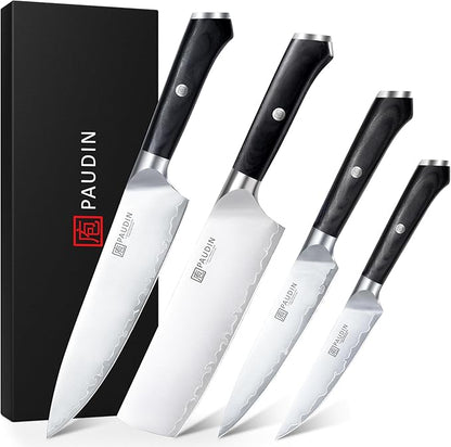 PAUDIN Kitchen Knife Set, 4 Pieces Chef Knife Set, High Carbon Stainless Steel Knife Set, Ultra-Sharp Knives Set for Kitchen with Ergonomic Wooden Handle, Gifts for Men and Women