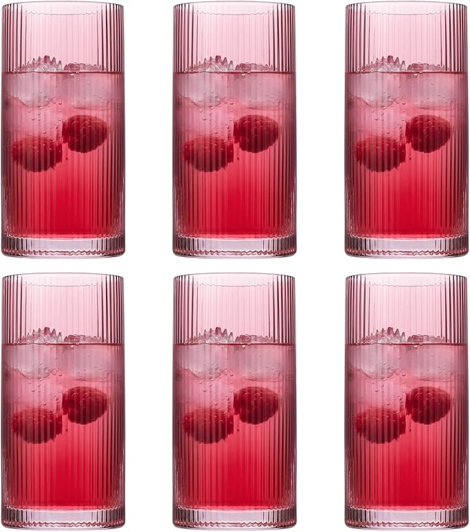 Physkoa Rose Red Ribbed Drinking Glasses Set of 6 – Vintage Embossed Highball by Physkoa