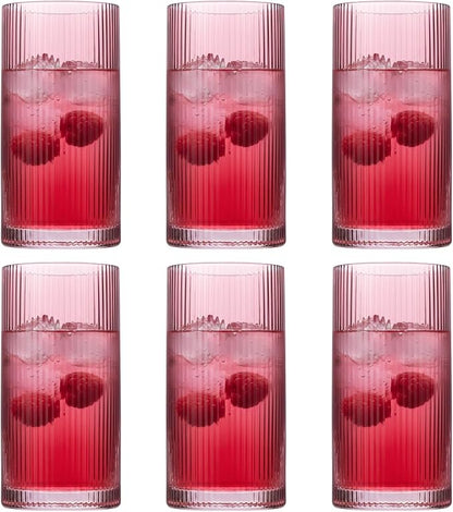 Physkoa Rose Red Ribbed Drinking Glasses Set of 6 – Vintage Embossed Highball by Physkoa