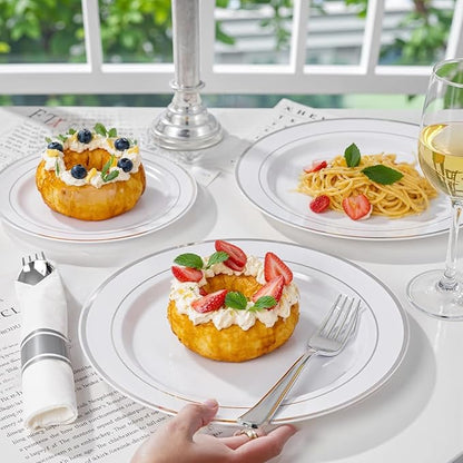 WDF 120PCS Plastic Plates White Silver Rim - Disposable Plates including 60PCS for Dinner 10.25inch, 60 Salad/Dessert Plates 7.5inch Heavy Duty Wedding Party Birthday