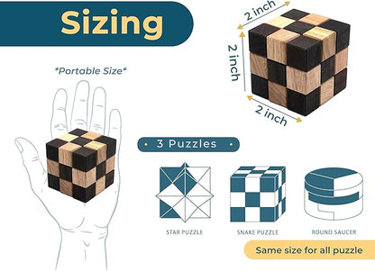 BSIRI 3 Puzzles in a Box - Wooden Brain Teaser Puzzle, 3D Mind Puzzle for Adults, Educational Kids Games, and Brain Games for Kids, Ideal for Birthday Gifts and Patio Decor