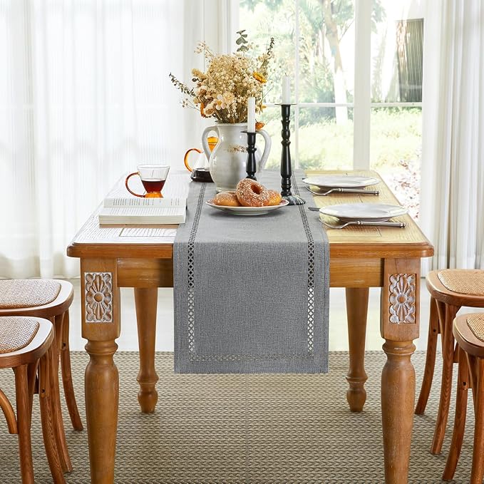 Rustic Burlap Table Runner, Machine Washable, Thick Textured Lattice Cutwork - Image 4