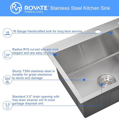 ROVATE 20 x 16 inch Drop-in Kitchen Sink Single Bowl, Topmount Kitchen Sink Handmade, 304 Stainless Steel Overmount Kitchen or Bar Sink with Basket Strainer, 20 x 16 x 9 inch