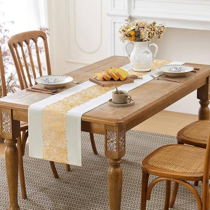 Metallic Style Gold Table Runner, Table Runners 72 Inches Long | Cotton Linen - Image 2