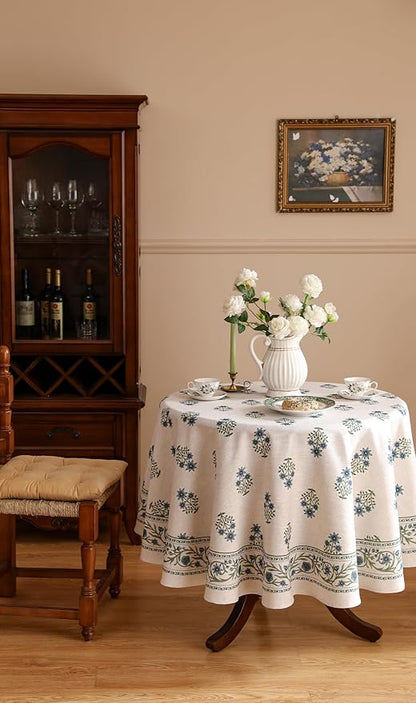 ISAENNE Designer White Linen Small Round Tablecloth,Chinoiserie Floral Elegant Indoor Table Cloth,Fall Stain Proof Decor Tablecloths for Dining Thanksgiving Kitchen,Diameter 55"-Mosella F