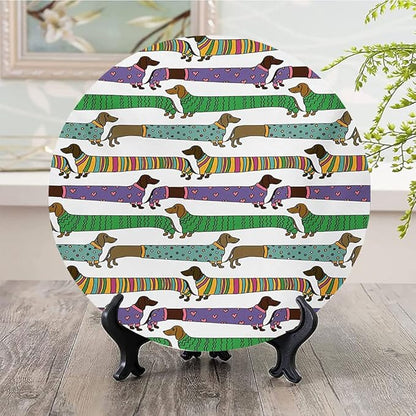 Decorative Plates, Dog Lover Print Ornament, Cartoon Style Dachshunds Dressed in Pyjamas Chevron, 7 Inch, 1 Plate with 1 Display Stand, Multicolor