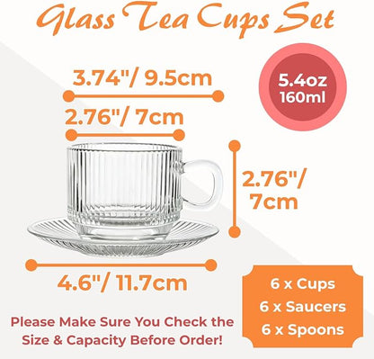 Atarvana 6 Pack Glass Tea Cups and Saucers Set - Image 2