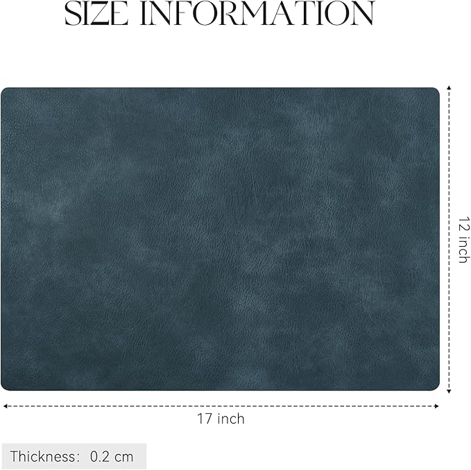 MOSAYT Vinyl Placemats Set of 4-12 X 17 Inch - Faux Leather 100% Waterproof Oil-Proof Wipeable PU Place Mats, Heat Resistant Reversible Table Mats for Kitchen, Dining, Outdoor (Navy Blue)