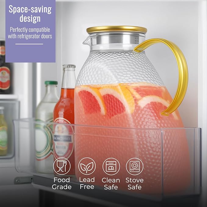 Glass Pitcher With Lid and Spout, 1.8 Liter 60 oz Glass Pitchers With Handle - Image 4